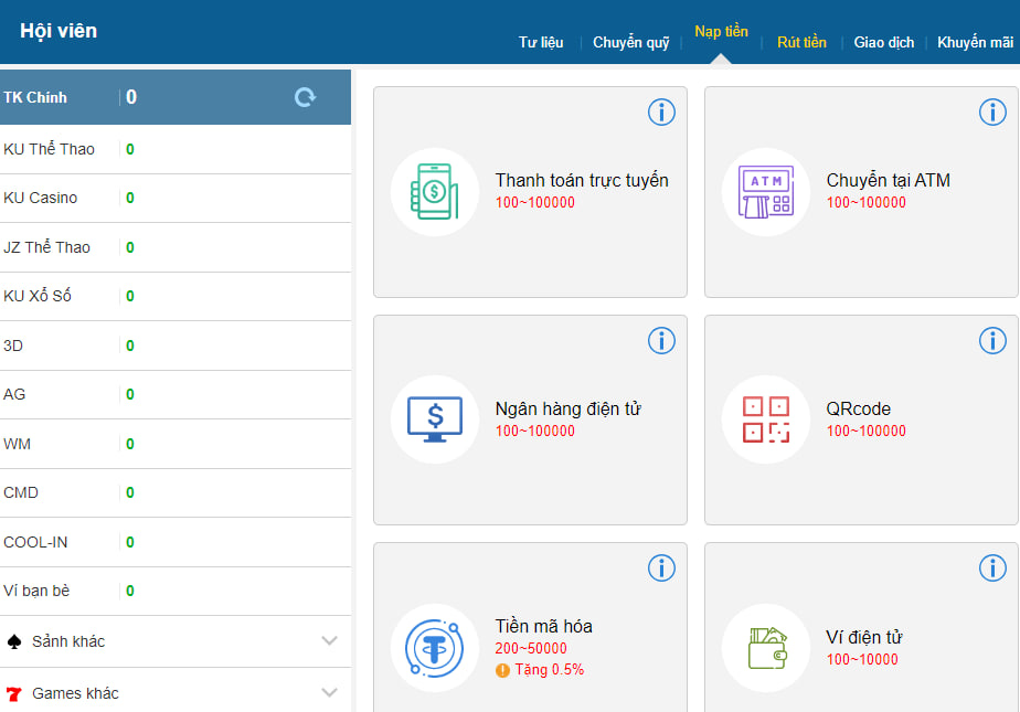 Thành viên nạp tiền dưới nhiều hình thức